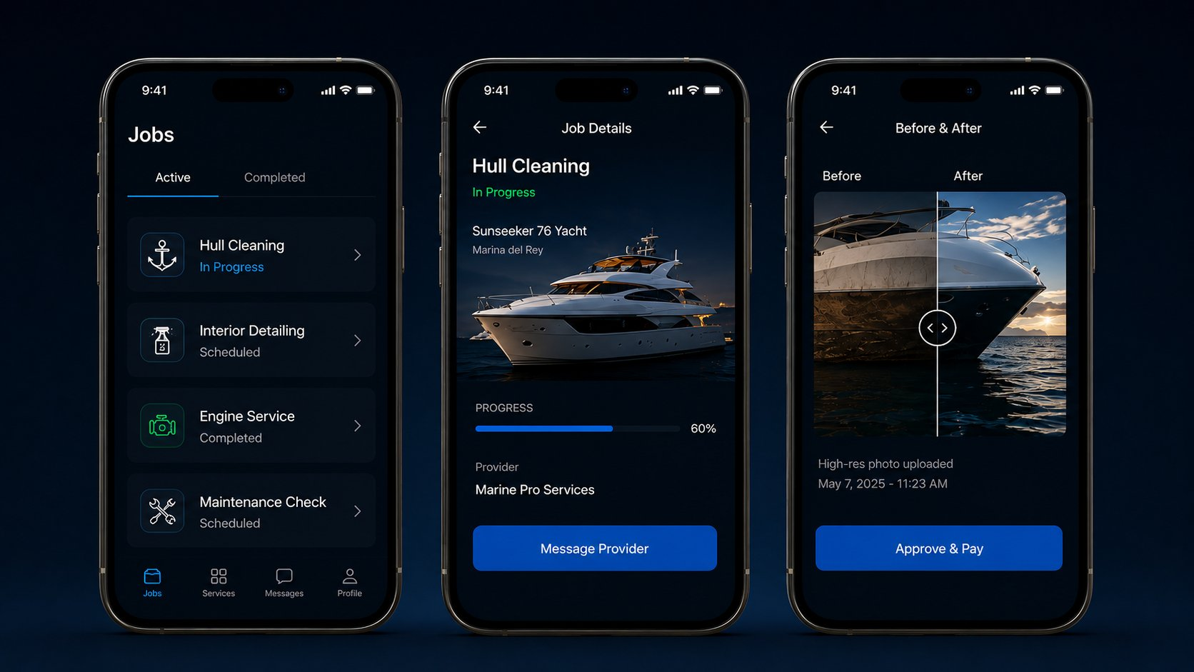 BoatMate app screens showing jobs, job details, and before and after proof